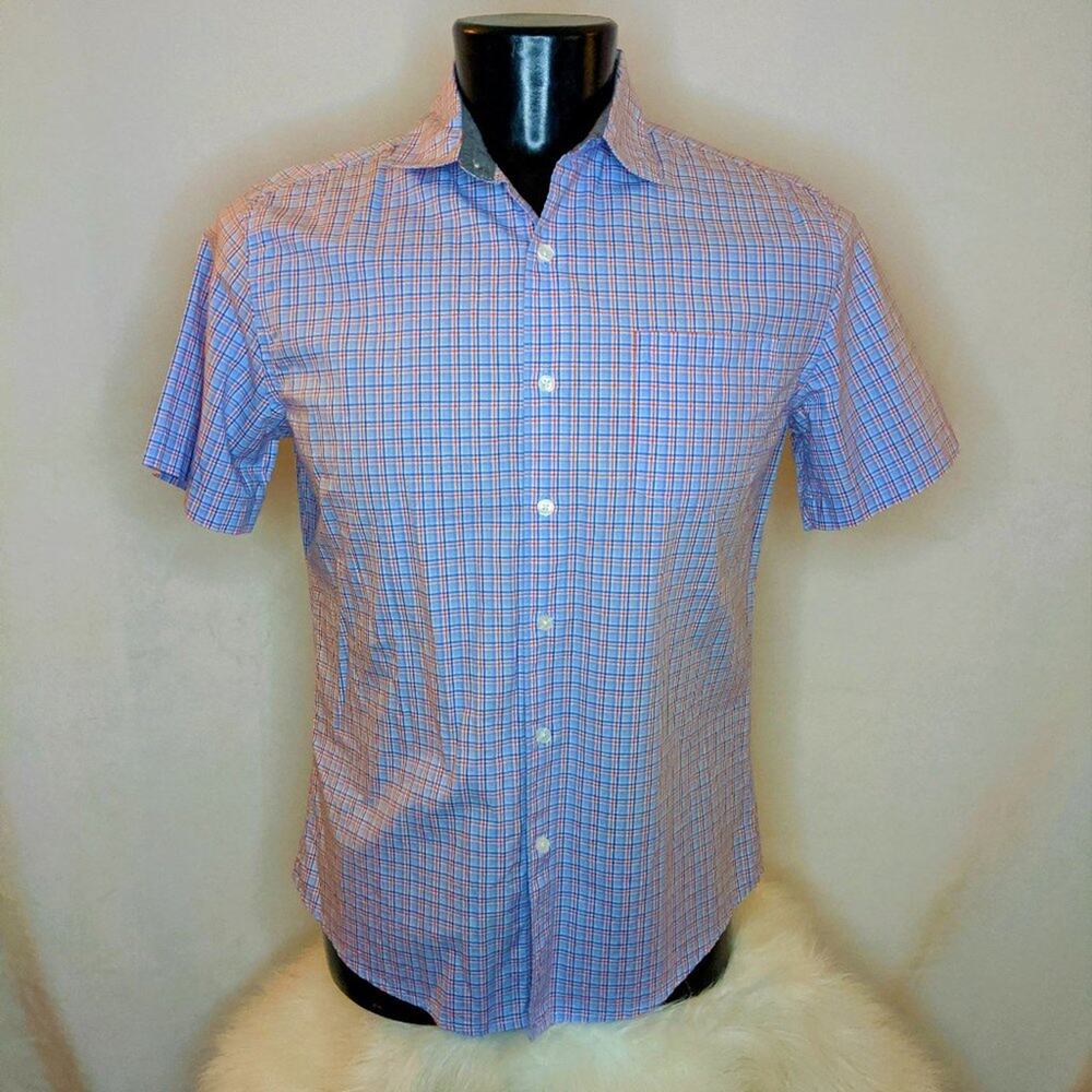 Claiborne Men's Slim Fit Plaid Button Up Shirt Blue Medium